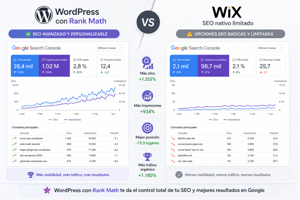 Panel de SEO en WordPress con RankMath vs opciones SEO limitadas de Wix