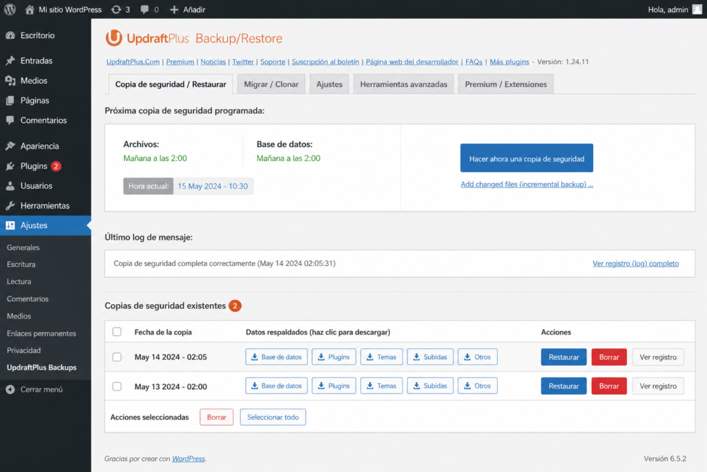 updraftplus dashboard wordpress