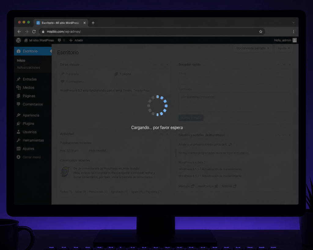 Pantalla de ordenador mostrando una web WordPress con indicador de carga lento