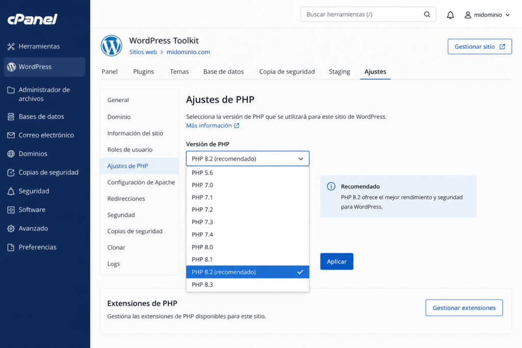 wordpress php version panel